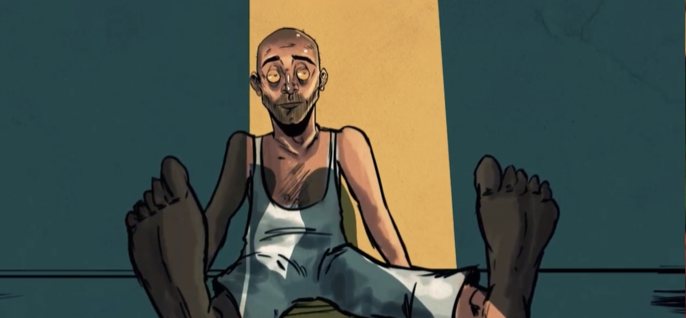 Illustrated character sitting with bare feet