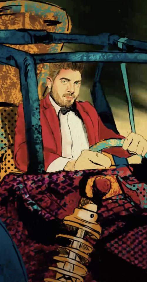 Animated man driving in a red jacket