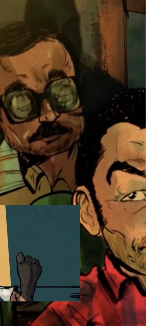 Illustrated men in a tense scene